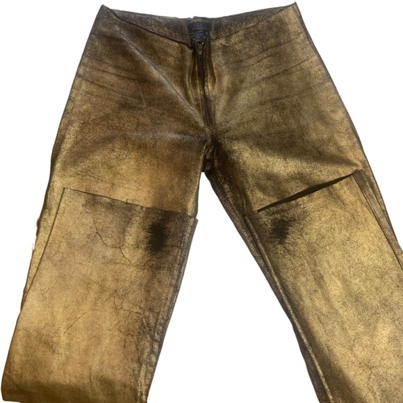 BCBGMaxazaria Gold Bronze Zip Front Genuine Leather Straight Leg Pants - Picture 5 of 14